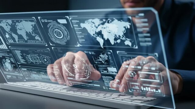 Agent typing rapidly on a transparent screen with dynamic data and maps updating in real time