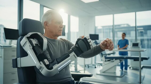 Man practicing controlled arm movements while using exoskeleton in rehabilitation center during daytime
