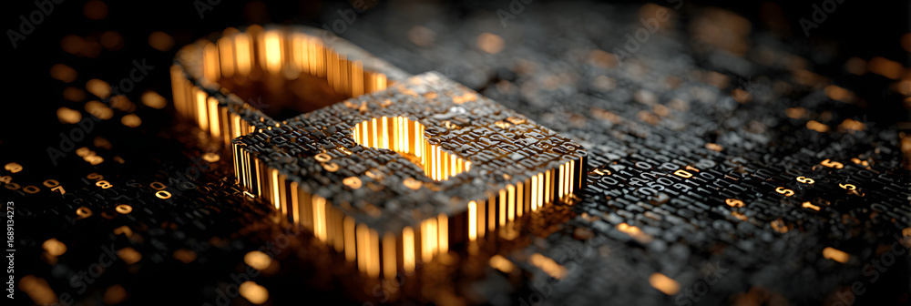 Poster glowing lock icon in binary code matrix, representin digital security and cybe protection.