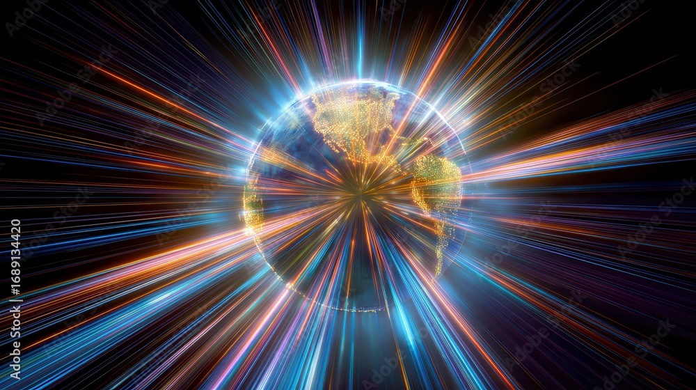 Poster a vibrant globe is encircled by dynamic streaks of light, radiating outwards with energy. the image 