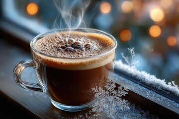 Steaming Coffee by Snowy Window with Festive Lights