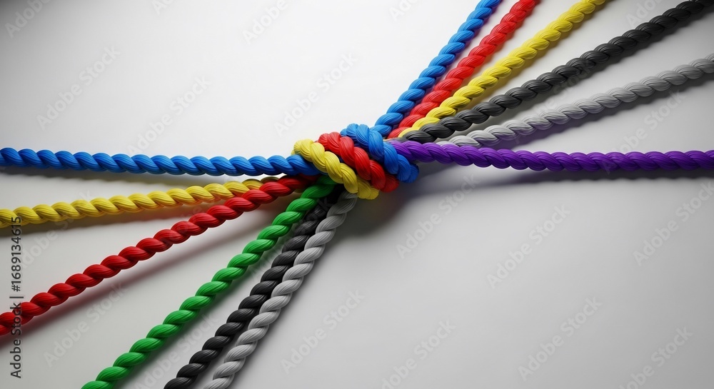 Aufkleber visualize team synergy with colorful ropes tied together, symbolizing collaboration and strength in 