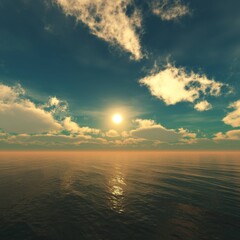 Panorama of sea sunset, ocean sunrise, seascape, 3d rendering 
