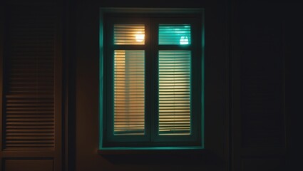 Fototapeta premium A window with light filtering through shutters, casting colored shadows inside a dark room.