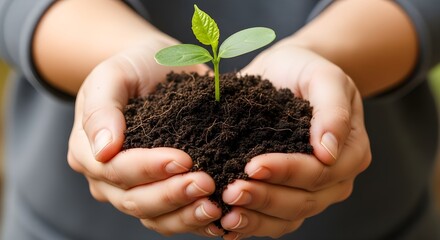 Hands Holding Soil with Green Plant Growing