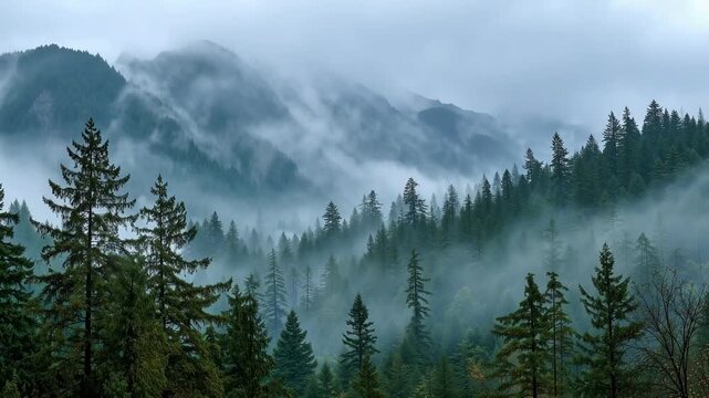 Aerial drone view mountain forest foggy cloud dramatic sky green trees valley country scenic nature landscape