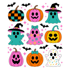 Fototapeta premium Neon Halloween Pumpkin Ghost PNG, Fall Girly PNG, Cute Preppy Ghost Bow PNG