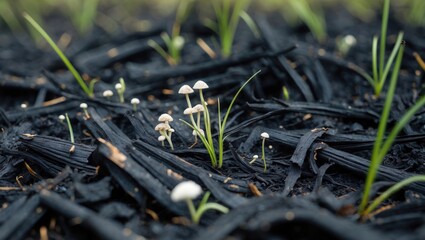 Young mushroom growth emerging from blackened soil with sprouting grass. Spring and nature, growth, ecology, and new life concepts.
