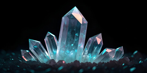 Floating crystal holographic shards on dark background in abstract shiny design