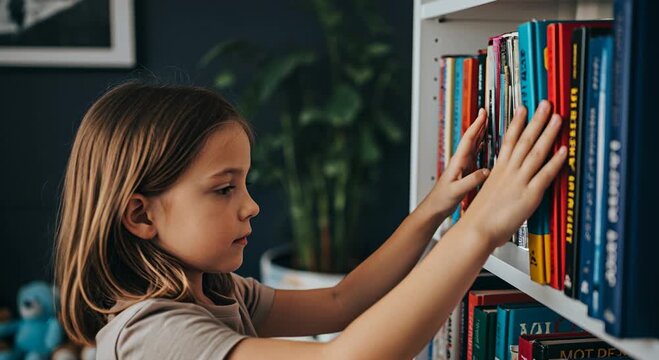 A young girl reaches with both hands to carefully choose a book from a shelf filled with colorful titles in a bright room.