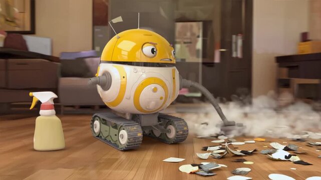 Vacuum cleaner robot animation, consistent character - funny, sweet, happy