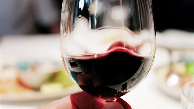 Close up of a glass of red wine being swirled showcasing the rich ruby colour