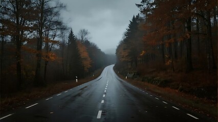 Fototapeta premium A moody and atmospheric photograph of an empty, winding road surrounded by trees in full autumn foliage.