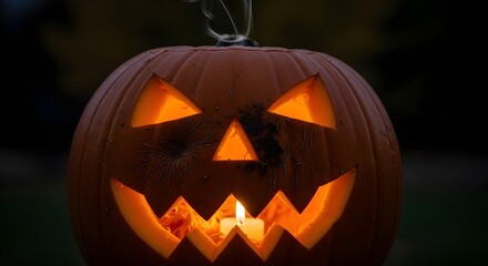 Fototapeta premium Illuminated jack-o'-lantern with carved face, glowing from a candle inside, set against a dark, blurred background.