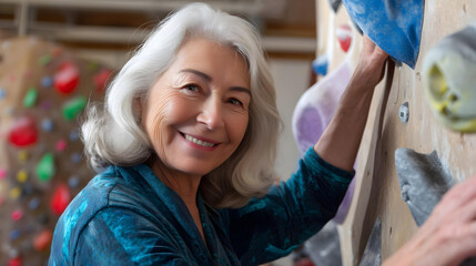 senior woman climbing indoor rock wall with wide smile, 