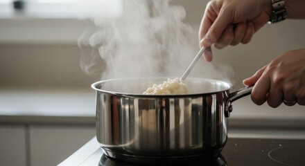 A person stirs steaming risotto in a steel pot on a black stovetop