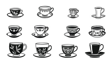 Collection of vintage teacups and saucers in black and white vector art on white background