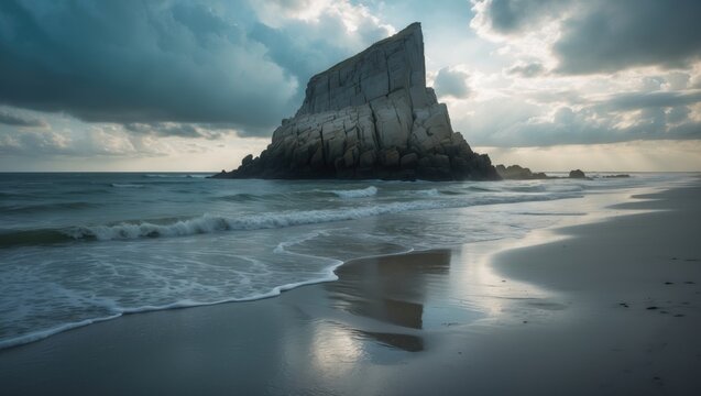 A large rock formation on a beach with waves, clouds, and reflections under a partly cloudy sky.