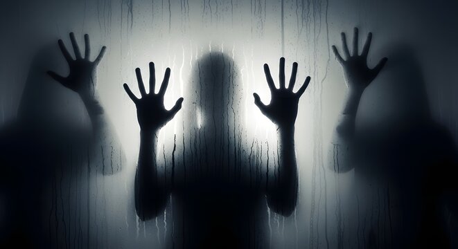 Ghostly figures press against a translucent surface, creating a chilling and eerie scene.