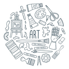 Hand drawn elements art supplies round composition. Fine art doodle poster