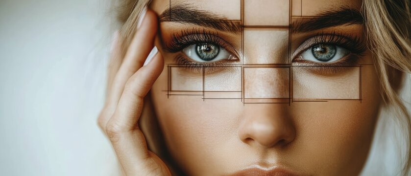 Close-up portrait of a woman' face with striking blue-green eyes and geometric grid overlay, symbolizing beauty, technology, and facial analysis