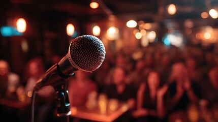 Comedy club microphone with blurred audience background web banner with left copy space
