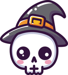 Halloween Cute Skull with Witch Hat Vector