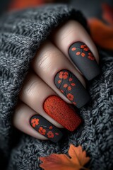 Halloween Pumpkin Nail Art with Matte Black and Autumn Design