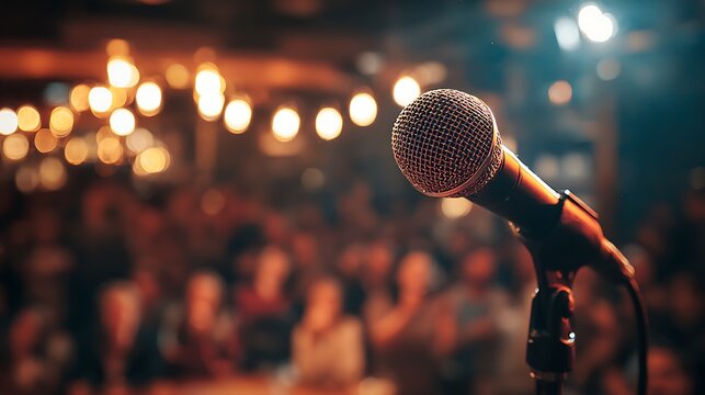 Microphone on theater stage with audience blurred background web banner with left copy space
