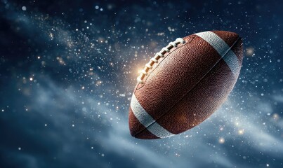 A brown and white American football floats in a dark, smoky, sparkly, and dynamic background, suggesting motion and excitement