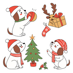 Cartoon vector illustration of a festive Christmas set with Santa Claus, Christmas tree, and other holiday decorations