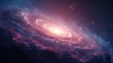 Spiral galaxy with pink and blue nebulae, glowing white center, against dark space