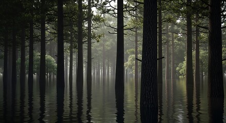 Obraz premium A serene, flooded forest, with tall, dark pine trees standing tall in the still water, showcasing a mysterious and tranquil atmosphere.