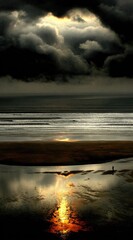 Ominous clouds loom over a desolate beach, reflecting sunlight on the water's surface, with a lone figure silhouetted in the distance
