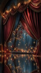 Elegant stage setting with red curtains, glowing lights, and a serene landscape backdrop during evening hours