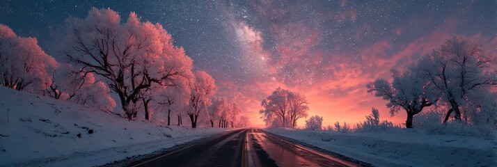 Winter landscape features snow-covered road under a starry sky at dusk