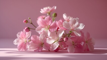 A cluster of pink and white cherry blossoms on a pink background.