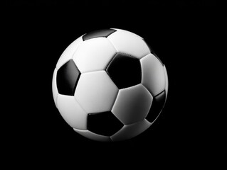 A classic black and white soccer ball, sharply lit against a pure black background, displays its pentagonal and hexagonal paneling