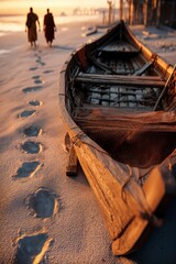 Una balsa de madera reposa sobre una playa dorada, con la silueta de dos figuras caminando al fondo.