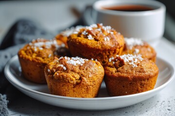 Una bandeja de muffins reci&eacute;n horneados, cubiertos de az&uacute;car glas, junto a una taza de caf&eacute; humeante.