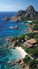 Fototapeta premium Azure waters meet a sandy beach, nestled amid verdant vegetation and rugged, rocky hills, offering a tranquil retreat under a clear blue sky
