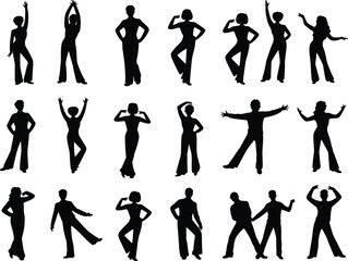 Dance silhouette collection vector set, people dancing poses, women and men performance illustration, stylish movements, retro dance, modern choreography design elements