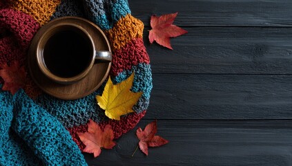 Autumnal coffee scene on dark wood