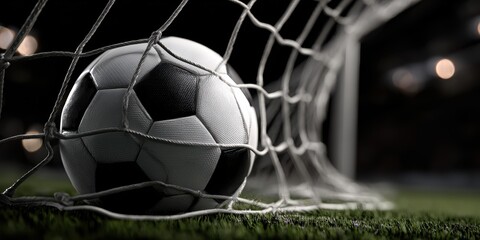 Naklejka premium Soccer ball caught in a net on a dark stadium field with bokeh lights football
