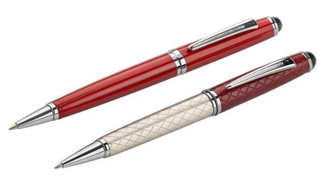 Two luxury pens red and silver with metallic accents isolated on a transparent background
