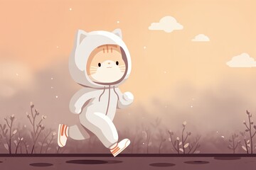 Un niño vestido con un mono con orejas de gato corre alegremente a través de un paisaje otoñal.