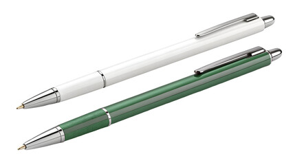 White green ballpoint pens with silver accents isolated on a transparent background writing