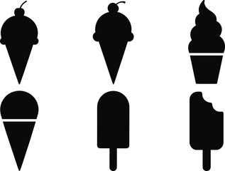 Ice cream silhouette icons, cone and popsicle vector set, frozen dessert symbols, black shapes for summer design, food illustration, sweet treat collection.eps