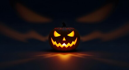 Glowing jack-o'-lantern with menacing grin, illuminated against a dark, smoky background.
