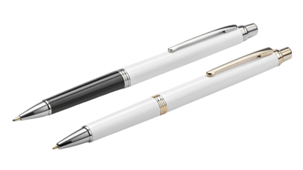 White pens with silver and gold accents isolated on a transparent background writing instrument